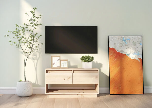 Рустик дървен ТВ шкаф с плосък екран, шкафове за съхранение, плаващ рафт и декор във фермерски стил, идеален за модерен интериор на хол.