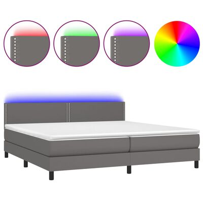 vidaXL Боксспринг легло с матрак и LED сиво 200x200 см изкуствена кожа
