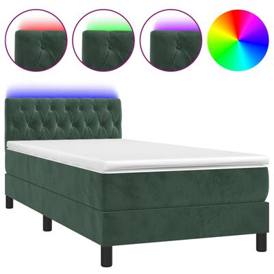vidaXL Боксспринг легло с матрак и LED, тъмнозелено, 90x200 см, кадифе