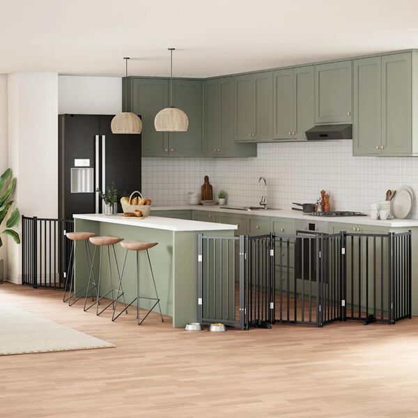 vidaXL Сгъваема преграда за куче с врата 9 панела черна 450 см топола