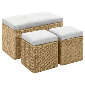 vidaXL Пейка с 2 табуретки, морска трева, сиви
