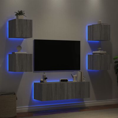 vidaXL ТВ стенни шкафове, 5 части, с LED светлини, сив сонома