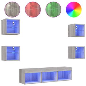 vidaXL ТВ стенни модули с LED, 7 части, сив сонома, инженерно дърво