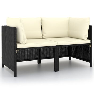 vidaXL 2-местен градински диван с възглавници, черен полиратан