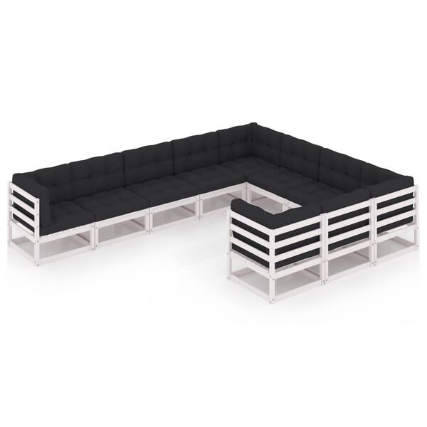 vidaXL Градински лаундж комплект 10 части с възглавници бял бор масив