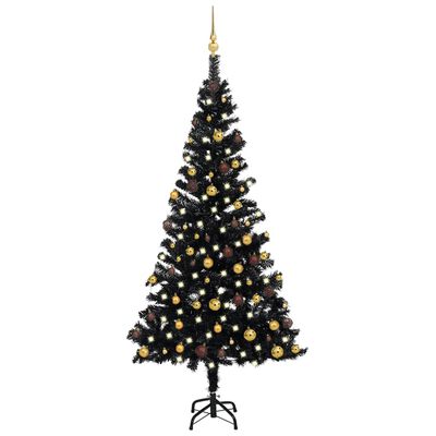 vidaXL Изкуствена осветена коледна елха с топки черна 150 см PVC