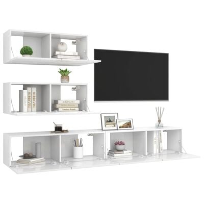 vidaXL Комплект ТВ шкафове от 4 части, бял гланц, ПДЧ