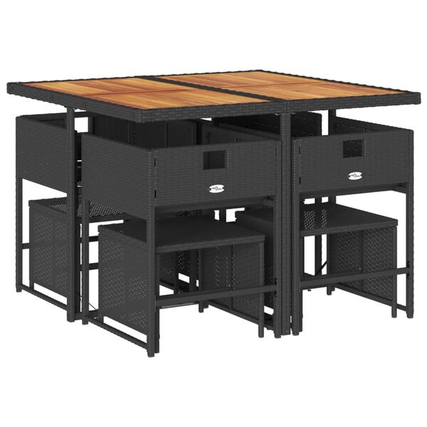 vidaXL Градински трапезен комплект възглавници 9 части черен полиратан