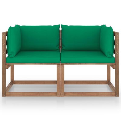 vidaXL Градински 2-местен диван от палети със зелени възглавници бор