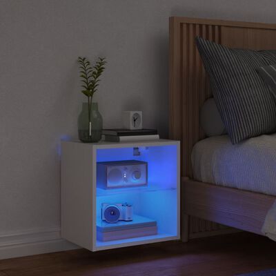 vidaXL Нощно шкафче с LED осветление, бял, за стенен монтаж
