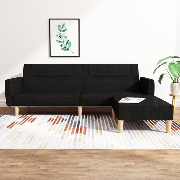 vidaXL 2-местен диван с табуретка, Черен, текстил