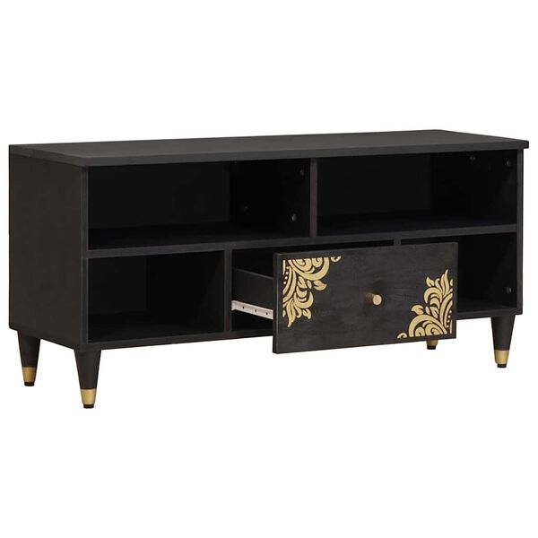 vidaXL ТВ шкаф с чекмедже Черно 100 x 33 x 46 см Солидно мангово дърво