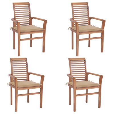 vidaXL Трапезни столове, 4 бр, с бежови възглавници, тик масив