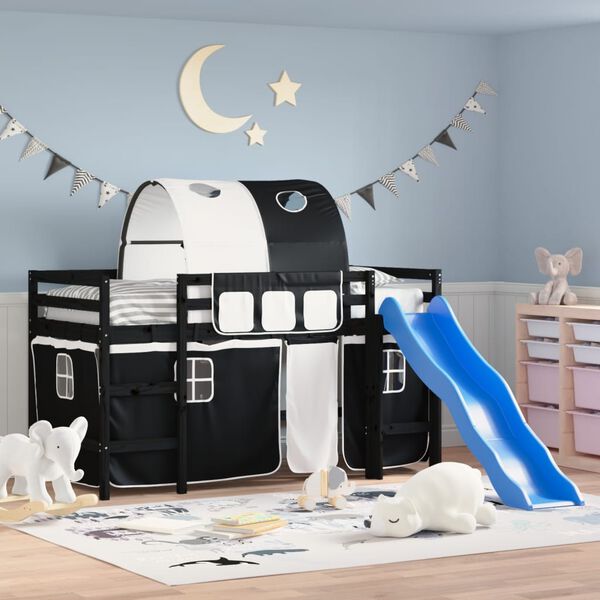 vidaXL Детско високо легло с тунел, бяло и черно, 90x190 см, бор масив