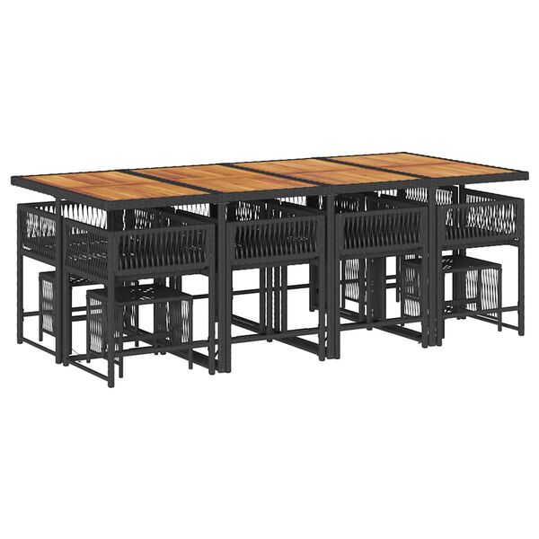 vidaXL Външен трапезен комплект 13 части с възглавници черен полиратан