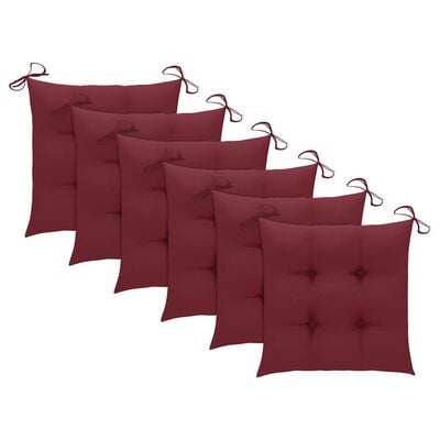 vidaXL Трапезни столове 6 бр с виненочервени възглавници тик масив