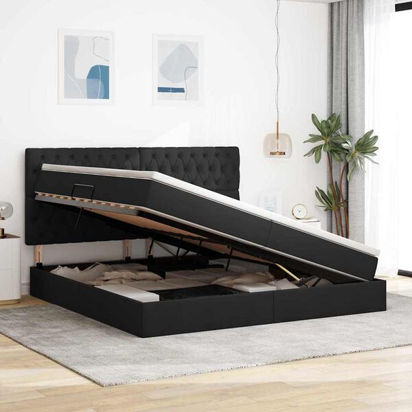 vidaXL Легло с място за съхранение и LED Черно 200 x 200 cm Полиестер
