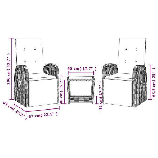 vidaXL Градински трапезен комплект 3 части с възглавници сив полиратан