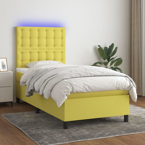 vidaXL Боксспринг легло с матрак и LED, зелена, 90x200 см, плат