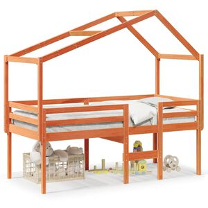 vidaXL Високо легло с покрив восъчнокафяв 90x200 см борово дърво масив