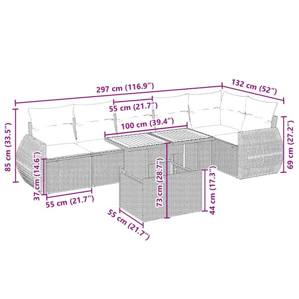 vidaXL Градински диван с възглавници, 7 части, бежов полиратан