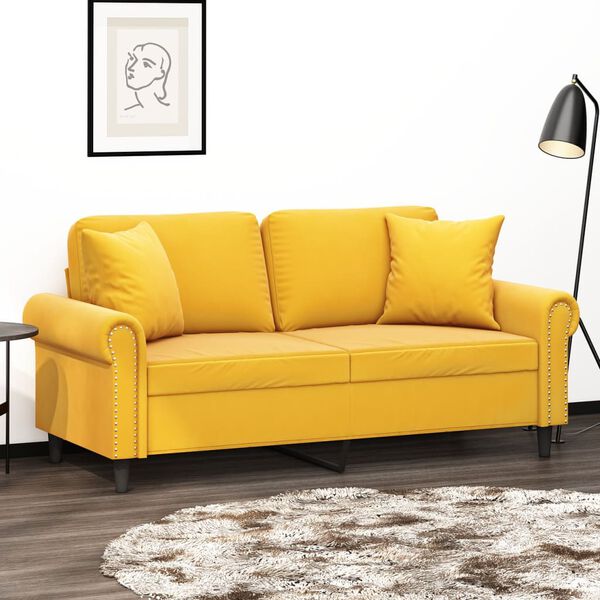 vidaXL 2-местен диван с възглавници, светложълт, 140 см, кадифе