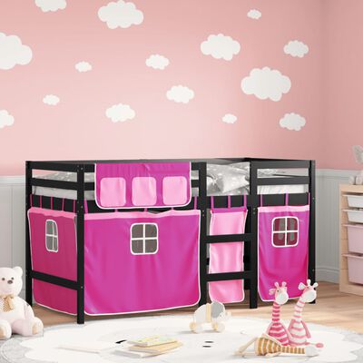 vidaXL Детско високо легло със завеси розово 90x190 см бор масив