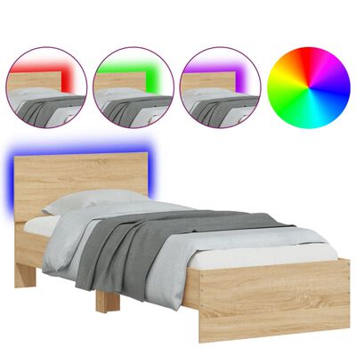 vidaXL Рамка за легло с табла и LED осветление, дъб сонома, 75x190 см