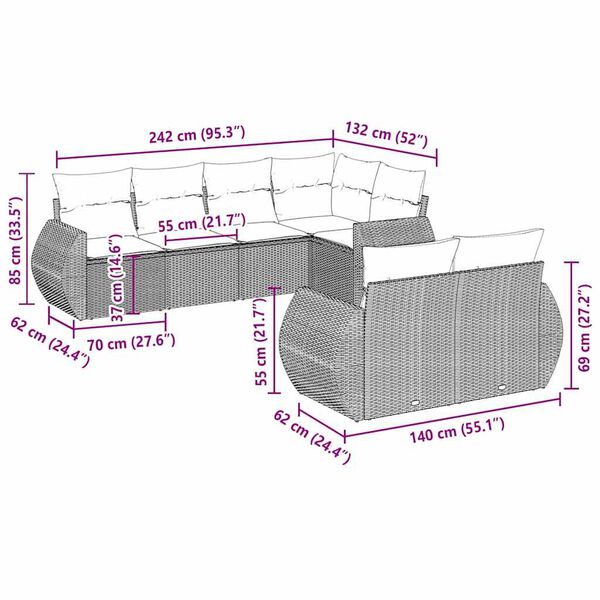 vidaXL Градински комплект с възглавници, 7 части, светлосив полиратан