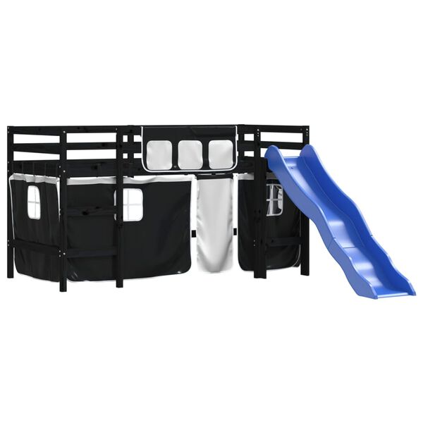 vidaXL Детско високо легло със завеси бяло и черно 90x190 см бор масив