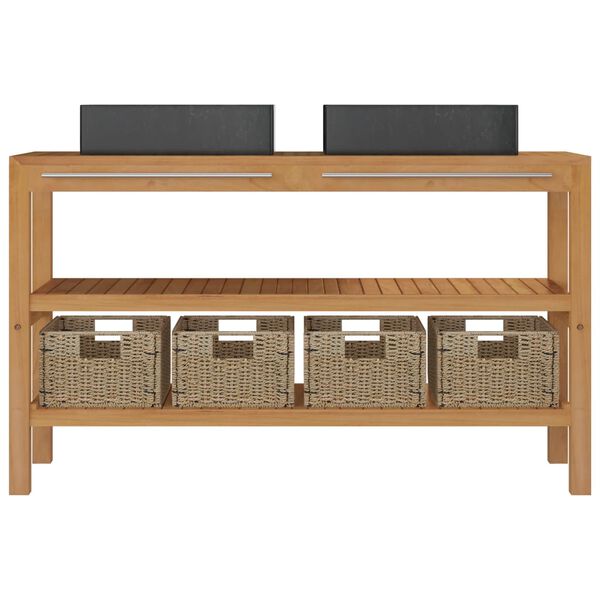 vidaXL Шкаф за баня от тиково дърво масив с черни мивки от мрамор