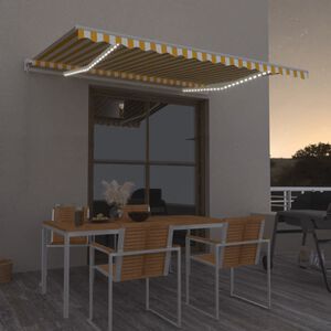 vidaXL Ръчно прибиращ се сенник с LED, 450x350 см, жълто и бяло