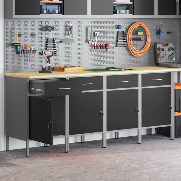 vidaXL Работен кабинет с чекмедже 4 pcs Черен и Сив 200 x 55 x 85 см