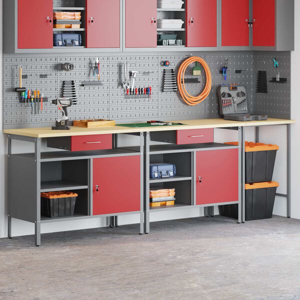 vidaXL Комплект работна маса с чекмедже с рафт 3 pcs Черен и Сив