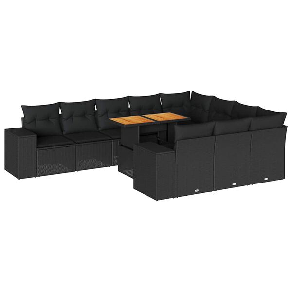 vidaXL Градински диван с възглавници 10 части черен полиратан акация