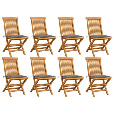 vidaXL Градински столове със сиви възглавници 8 бр тик масив