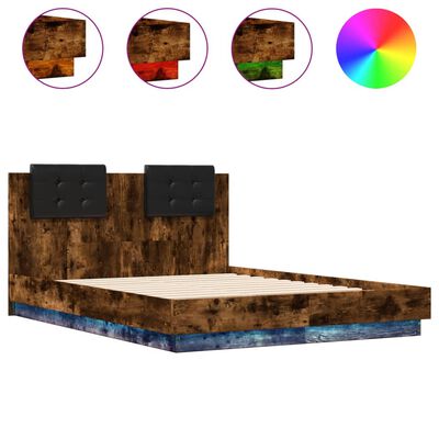 vidaXL Рамка за легло с табла и LED осветление, опушен дъб, 140x190 см