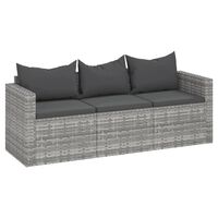 vidaXL 3-местен градински диван с възглавници, сив, полиратан