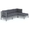 vidaXL Градински лаундж комплект с възглавници, 4 части, сив бор