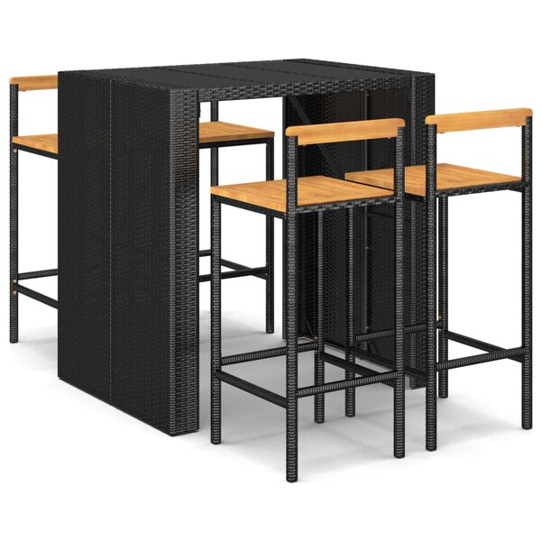 vidaXL Градински бар комплект 5 части черен полиратан и акация масив