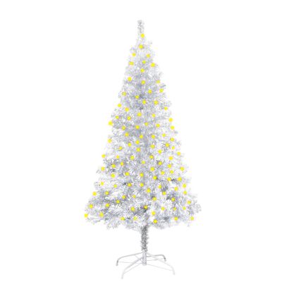 vidaXL Изкуствена осветена коледна елха със стойка сребрист 150 см PET