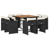 vidaXL Градински трапезен комплект възглавници 9 части черен полиратан