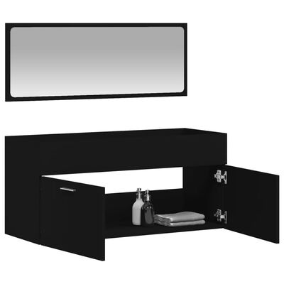 vidaXL Шкаф за баня с огледало, черен, инженерно дърво