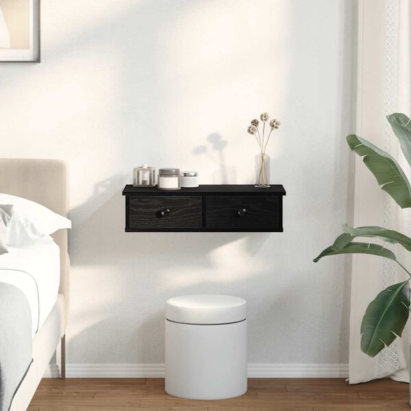 vidaXL Стенен рафт с чекмеджета, черен, 60x28x15 см, инженерно дърво