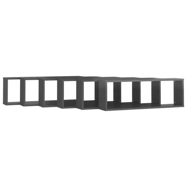 vidaXL Стенни рафтове, 6 бр, сив гланц, 80x15x26,5 см, инженерно дърво