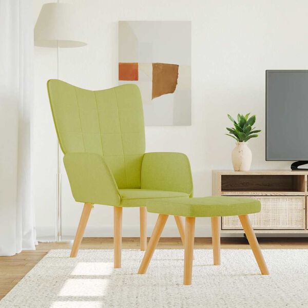 vidaXL Релаксиращ стол с табуретка, зелен, плат