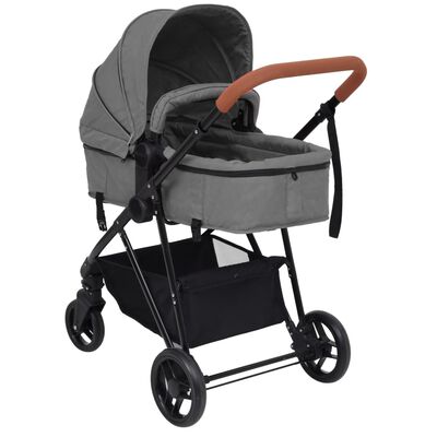 vidaXL Бебешка количка 3-в-1, светлосиво и черно, стомана