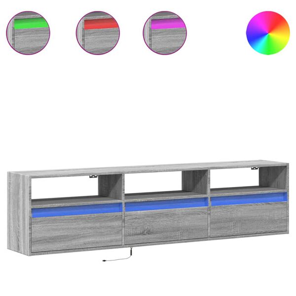 vidaXL Стенен ТВ шкаф с LED, сив сонома, 180x31x45 см