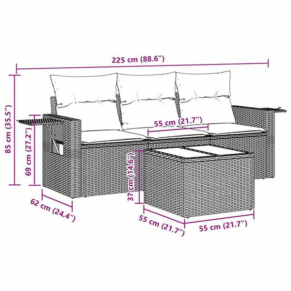 vidaXL Градински диван от 4 части с възглавници, черен, полиратан