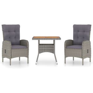 vidaXL Градински трапезен комплект, 3 части, полиратан и акация, сив